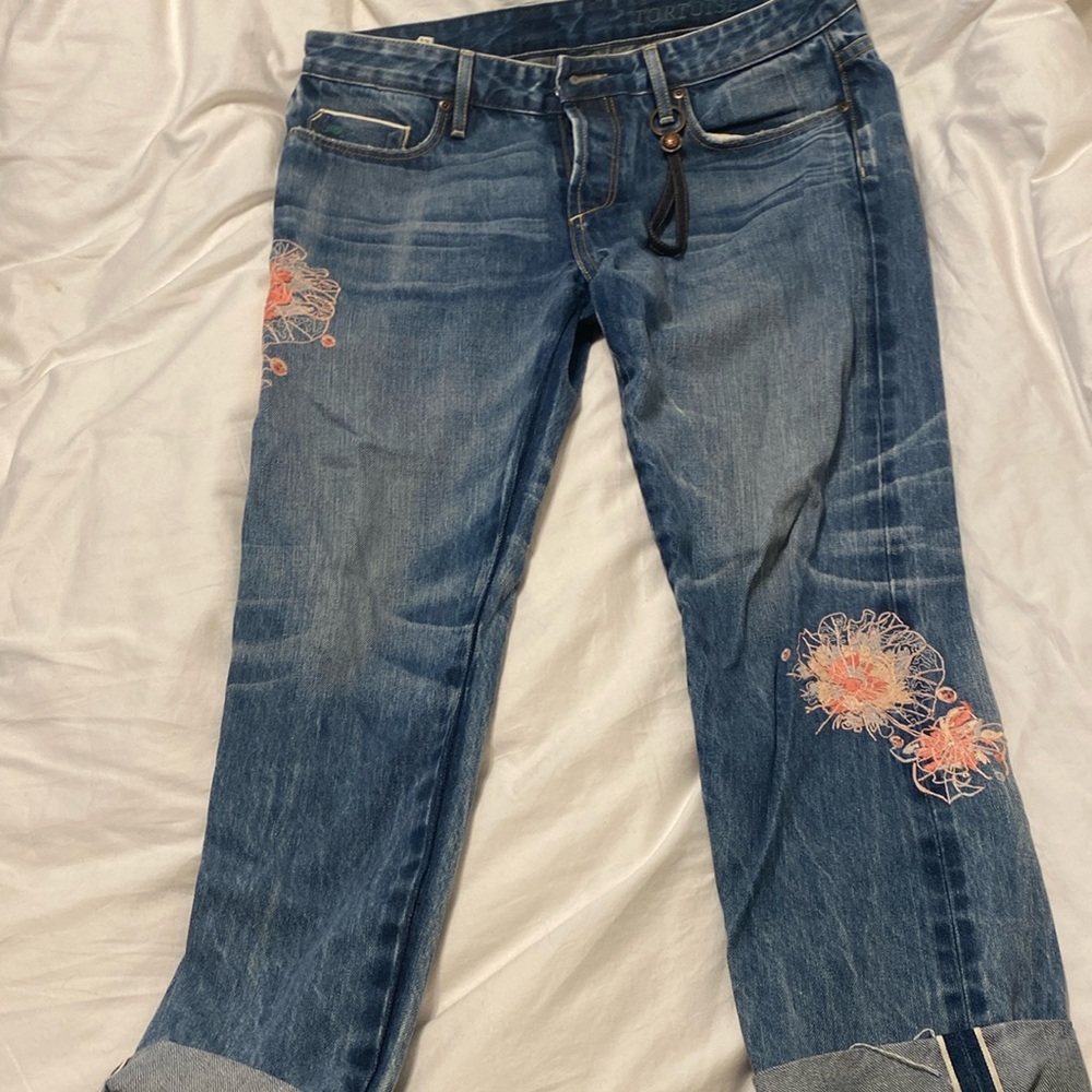 Tortoise denim pink embroidered button fly